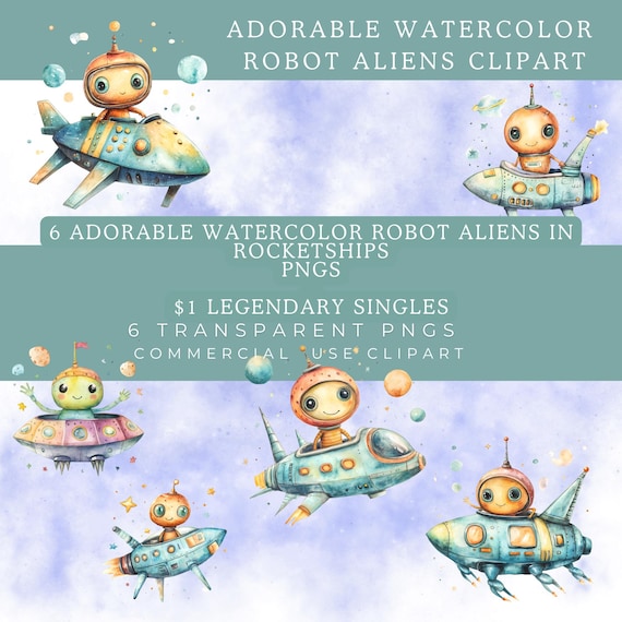 Watercolor Robot Aliens Clipart – 6 Cute Space Creatures in Rockets | Digital Download | Commercial Usage Allowed