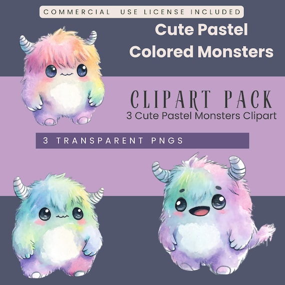 Pastel Monster Clipart – 3 Cute & Cuddly Monsters – PNG Digital Download