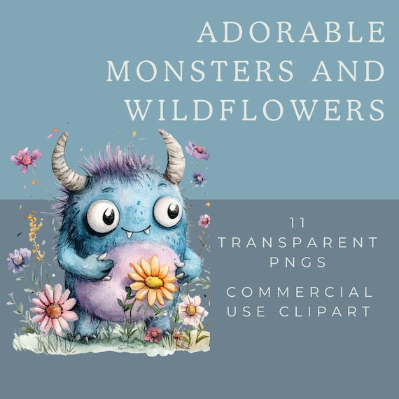 Cute Monsters with Wildflowers Clipart – 11 Adorable PNG Creatures | Kids' Digital Download | Commercial Use Allowed