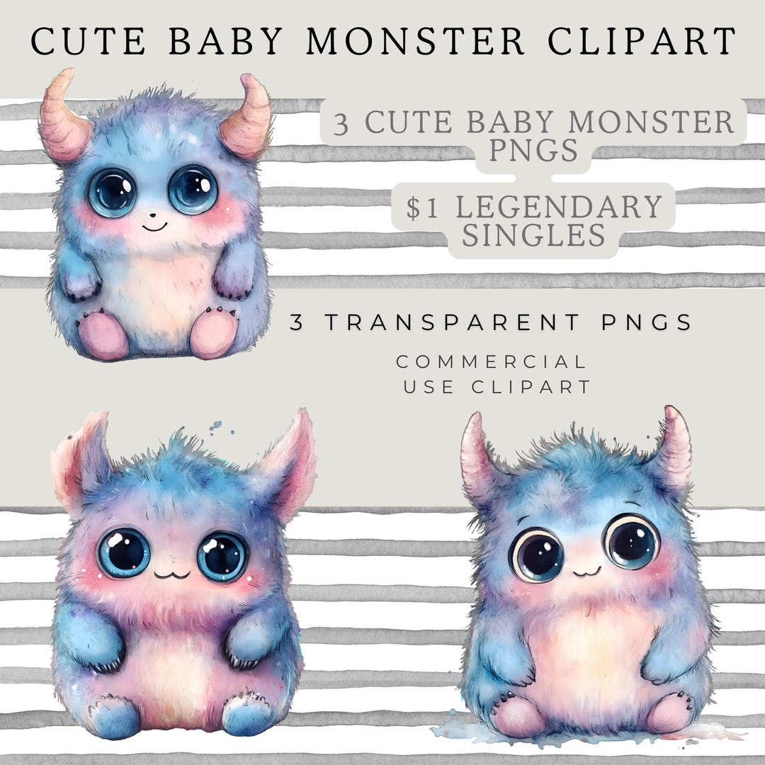 Cute Baby Monster Clipart – 3 Adorable Blue Creatures | Commercial Use ...
