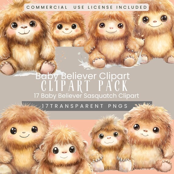 Baby Believer Clipart – 17 Adorable Baby Sasquatch Designs – PNG Digital Download