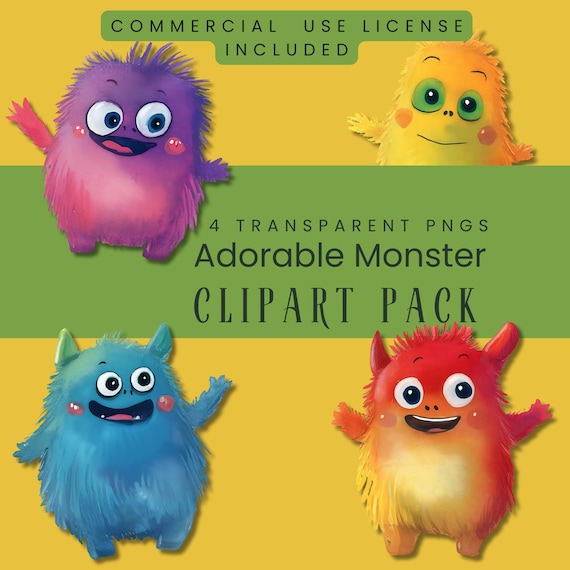 Adorable Monster Clipart - Set of 4 Colorful Cute Monsters | Digital Download