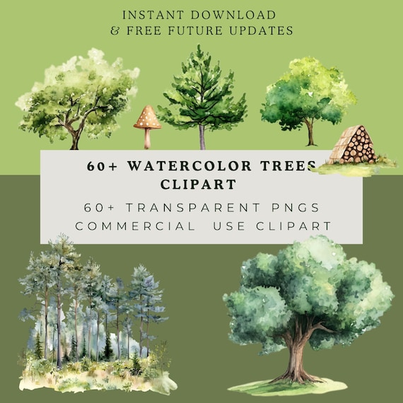 60+,Watercolor Trees Clipart  – Instant Download & Free Future Updates