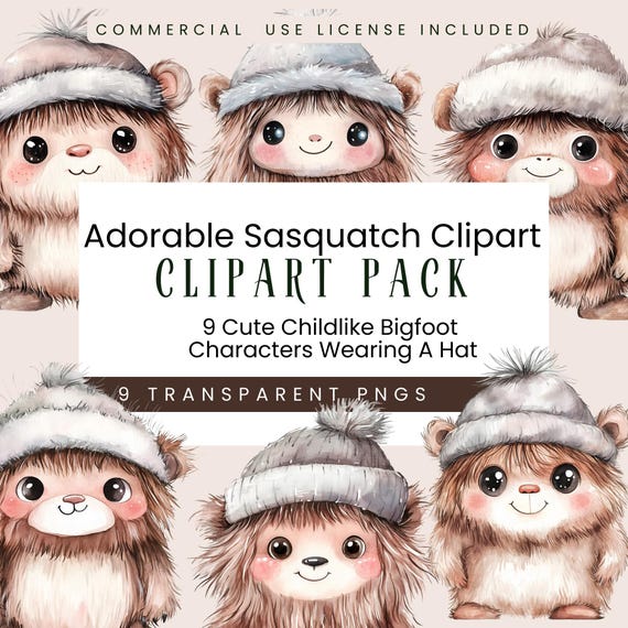 Adorable Sasquatch Clipart – 9 Cute Childlike Bigfoot with Hats – PNG Digital Download