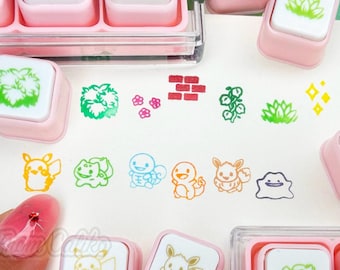 Cute Monsters and Scenery mini 6-in-1  pre-inked push button stamps