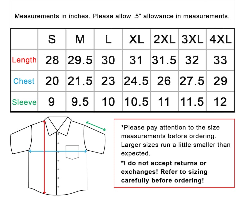 Puede incluir: Tabla de tallas para una camisa con botones, con medidas en pulgadas para largo, pecho y manga. Las tallas van de la S a la 4XL. El texto aconseja prestar atenci&oacute;n a las medidas antes de realizar el pedido.