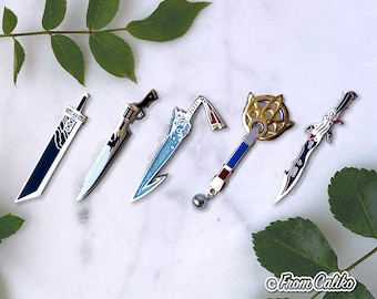 Final Fantasy Weapons Enamel Pins - FF7 Buster Sword - FF8 Gunblade - FFX Brotherhood Yuna Staff - FFXIII Lightning Gunblade