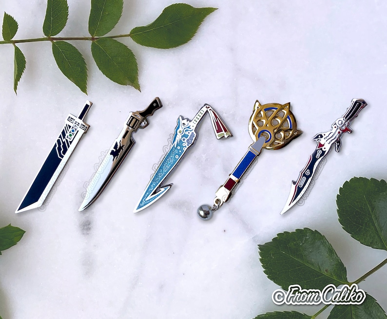 Final Fantasy Weapons Enamel Pins FF7 Buster Sword FF8 Gunblade FFX Brotherhood Yuna Staff FFXIII Lightning Gunblade image 1