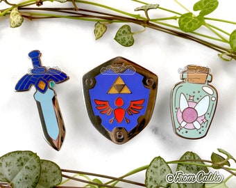 Zelda Hard Enamel Pins: Breath of the Wild Sword, Shield, Fairy Bottle
