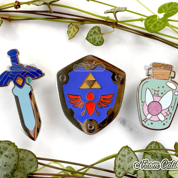 Zelda Hard Enamel Pins: Breath of the Wild Sword, Shield, Fairy Bottle