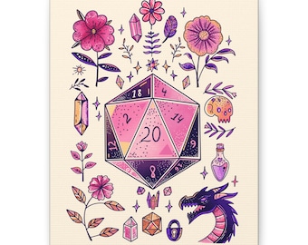 Pink D20 Dice Canvas Art | Whimsical DnD Wall Decor