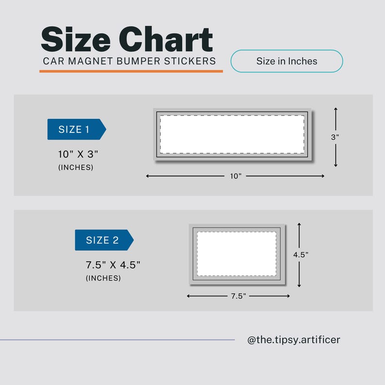 May include: Size chart for car magnet bumper stickers. Size 1 is 25.4cm x 7.6cm and size 2 is 19.1cm x 11.4cm. The chart includes the dimensions in inches, with a light gray background and white text.