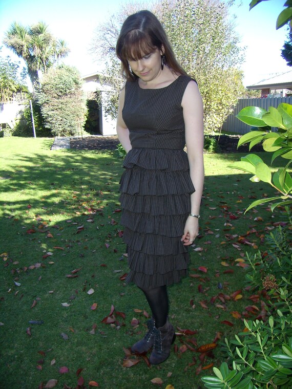 Fabulous 1950's Brown Gingham Ruffle Dress