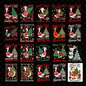 Puede incluir: Una colección de diseños gráficos con temática navideña que presenta un ganso con gorro y suéter de Papá Noel, con o cerca de un árbol de Navidad. El texto incluye "Oops! I Got Another Tree" y "Merry Goosemas!" sobre un fondo negro.