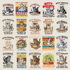 Puede incluir: Una colección de ilustraciones de estilo vintage que presentan gatos en una panadería. Cada diseño incluye el texto "Kitty Biscuits Bakery" y la frase "We Knead 'Em, You Need 'Em". Los gatos se representan horneando, amasando y usando utensilios de cocina.