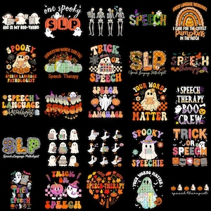 Può includere: Una collezione di venticinque disegni grafici a tema Halloween con fantasmi, zucche, scheletri e anatre. Le illustrazioni includono testi come 'Speech Language Pathologist', 'Trick or Speech', 'Boo Crew' e 'Your Words Matter' in vari caratteri colorati di ispirazione retrò.