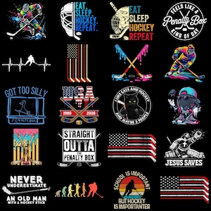 Puede incluir: Una colección de veinte diseños gráficos con temática de hockey sobre un fondo negro, que incluye ilustraciones de jugadores, palos de hockey, máscaras de portero, banderas estadounidenses, gatos y textos humorísticos como Eat Sleep Hockey Repeat.