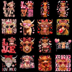 Puede incluir: Una colección de dieciséis diseños gráficos con ganado Highland con temas de San Valentín, que incluyen corazones, lazos, gafas de sol y el texto LOVE, HAPPY VALENTINE e I LOVE MOO, todo sobre un fondo negro sólido.