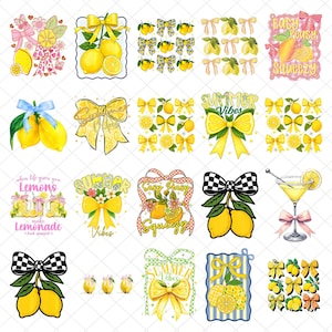 Puede incluir: Una colección de ilustraciones coloridas y caprichosas con limones, lazos y texto con temática de verano. Los diseños incluyen limones con lazos, limonada y gráficos de cócteles. La paleta de colores es principalmente amarilla, rosa y azul.
