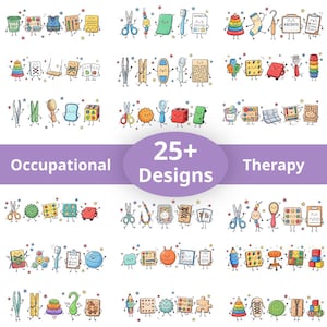 Puede incluir: Una colección de más de 25 ilustraciones coloridas de estilo caricatura de herramientas de terapia ocupacional, cada una con una cara sonriente y extremidades. El gráfico incluye artículos como tijeras, rompecabezas, bloques y juguetes sensoriales, con el texto 25+ Designs Occupational Therapy centrado en un óvalo morado.