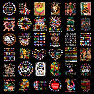 Puede incluir: Una colección de coloridos diseños del Mes de la Herencia Hispana. Las imágenes presentan varios gráficos, incluyendo banderas, flores y retratos, con texto como "Hispanic Heritage Month" y "Latina Power". Los diseños están sobre un fondo negro.