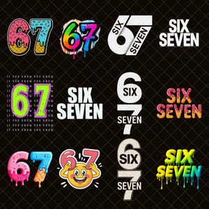Puede incluir: Una colección de diseños gráficos coloridos con los números 67 y las palabras "Six Seven". Los diseños incluyen un 67 con temática de donut, un 67 estilo grafiti y texto con efectos de goteo. El fondo es una cuadrícula negra.