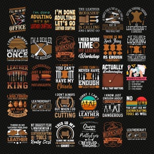 Puede incluir: Una colección de diseños temáticos de artesanía en cuero con texto e ilustraciones. Los diseños presentan frases como "Leather Workshop", "Leather King" y "Actually Leathercrafting". La paleta de colores incluye marrón, naranja y blanco sobre un fondo negro.