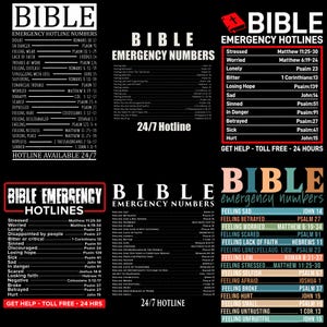 Puede incluir: Un diseño gráfico negro que presenta seis disposiciones distintas de números de emergencia bíblicos. Cada sección enumera varios estados emocionales emparejados con versículos bíblicos correspondientes, incluyendo referencias como Salmo 23, Juan 14 y Mateo 11:25-30.