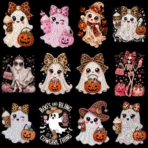 Puede incluir: Una colección de doce ilustraciones gráficas con fantasmas de dibujos animados, un esqueleto y calabazas, decoradas con diamantes de imitación brillantes y lazos con estampado de leopardo. Un fantasma lleva un sombrero de vaquero con el texto BOO'S AND BLING IT'S A COWGIRL THING.