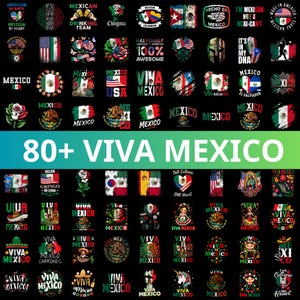 Puede incluir: Una colección de más de 80 diseños gráficos digitales con temas mexicanos, incluyendo la bandera de México, rosas, sombreros, calaveras y textos como Viva Mexico, Mexico y varios eslóganes sobre un fondo negro con 80+ VIVA MEXICO.