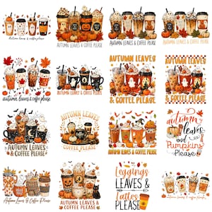 Puede incluir: Una colección de dieciséis ilustraciones digitales que muestran tazas de café, lattes y vasos decorados con temas otoñales, calabazas, fantasmas y hojas caídas. Cada diseño incluye el texto Autumn Leaves and Coffee Please.
