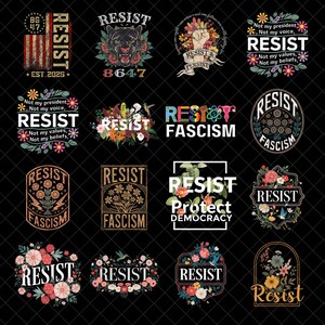 Puede incluir: Una colección de diseños gráficos con la palabra "RESIST" en varios estilos. Algunos diseños incluyen elementos florales, una pantera y el texto "Protect Democracy". Los diseños están sobre un fondo negro.