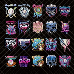 Puede incluir: Una colección de diseños con temática de béisbol con la frase "Respect the Drip". Cada diseño presenta pelotas de béisbol, bates, guantes y cascos con efectos de pintura goteando coloridos. Sobre un fondo negro.