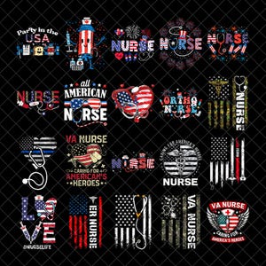 Puede incluir: Una colección de diseños patrióticos con temática de enfermería. Las imágenes presentan banderas americanas, estetoscopios y textos como "Nurse", "American Nurse" y "Caring for America's Heroes". La paleta de colores incluye rojo, blanco, azul y negro.