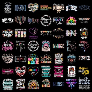 Puede incluir: Una colección de diseños con el tema de enfermeras de hospicio sobre un fondo negro. Los diseños incluyen texto, corazones, arcoíris, flores y símbolos médicos. El texto incluye frases como "Hospice Nurse" y citas inspiradoras.