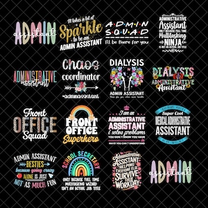 Puede incluir: Una colección de diseños gráficos con texto relacionado con roles administrativos. Los diseños incluyen frases como "Admin Squad", "Chaos Coordinator" y "Front Office Superhero", con fuentes e ilustraciones coloridas.