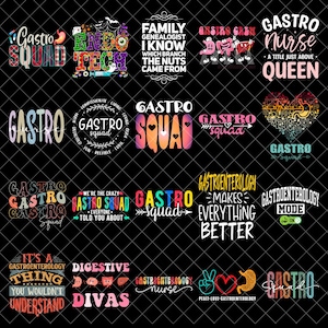 Puede incluir: Una colección de diseños gráficos coloridos con texto relacionado con la gastroenterología. Los diseños incluyen frases como "Gastro Squad", "Endo Tech" y "Gastroenterology Makes Everything Better". Los diseños presentan varias fuentes y estilos.