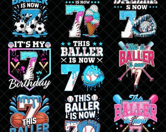 Dieses Baller-Shirt-Design ist jetzt 7 Jahre alt (PNG-Bundle): Sport-Geburtstags-Sublimations-Design mit Fußball-, Baseball- und Basketballmotiven sowie Eiscreme-Motiven für Kinderpartys