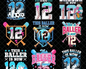Dieses Baller-Baby ist jetzt 12 PNG-Bundle, Sport-Geburtstags-Sublimations-Shirt-Design mit Fußball-, Baseball- und Basketballmotiven, Eiscreme-Motiven für Kinderpartys