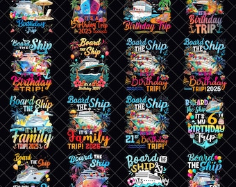 Pacote de viagem de aniversário PNG a bordo do navio, férias em família com tripulação de cruzeiro, design de camiseta para festa de aniversário de 21, 40 e 50 anos 2025