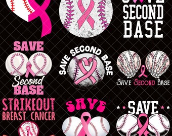 Pacote de imagens PNG "Save Second Base", Imagens PNG de beisebol para conscientização sobre o câncer de mama, Sublimação de fita de conscientização sobre o câncer, Clipart para download digital
