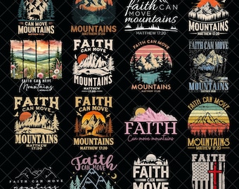 Glaube kann Berge versetzen (PNG), christliches Sublimationsdesign, inspirierendes Berg-, Sonnen- und Wassermotiv (digitaler Download), Bibelvers-Clipart