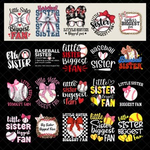 Puede incluir: Una colecci&oacute;n de dise&ntilde;os con tem&aacute;tica de b&eacute;isbol con textos como "Little Sister" y "Biggest Fan." Los dise&ntilde;os incluyen pelotas de b&eacute;isbol, lazos y corazones en varios colores, adecuados para ropa o accesorios.
