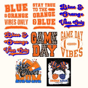 Puede incluir: Una colección de diseños gráficos en azul y naranja, con textos como "Blue & Orange Vibes Only" y "Game Day". Los diseños incluyen balones de fútbol y una mujer con gafas de sol naranjas y azules.