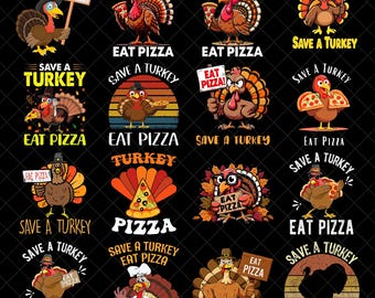 Pacote de imagens PNG "Salve um Peru, Coma Pizza", Download digital divertido de peru e pizza para o Dia de Ação de Graças, Design de sublimação com humor outonal para camisetas e canecas.