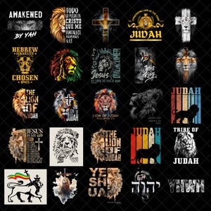 Puede incluir: Una colección de diseños gráficos con leones, cruces y texto religioso. Los diseños incluyen textos como "Awakened by Yah", "Judah" y "Jesus is my God". La paleta de colores incluye oro, rojo y negro.