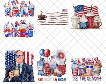 Pacote de imagens PNG de café para o 4 de julho, xícaras de café PNG, 4 de julho PNG, festa nos EUA, estrelas americanas PNG, vermelho, branco e cerveja PNG