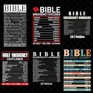 Puede incluir: Un gráfico negro con la palabra "BIBLE" en la parte superior, seguido de listas de "Líneas directas de emergencia" y "Números de emergencia". Las listas proporcionan versículos bíblicos para varios estados emocionales como "Estresado", "Solo" y "Herido".