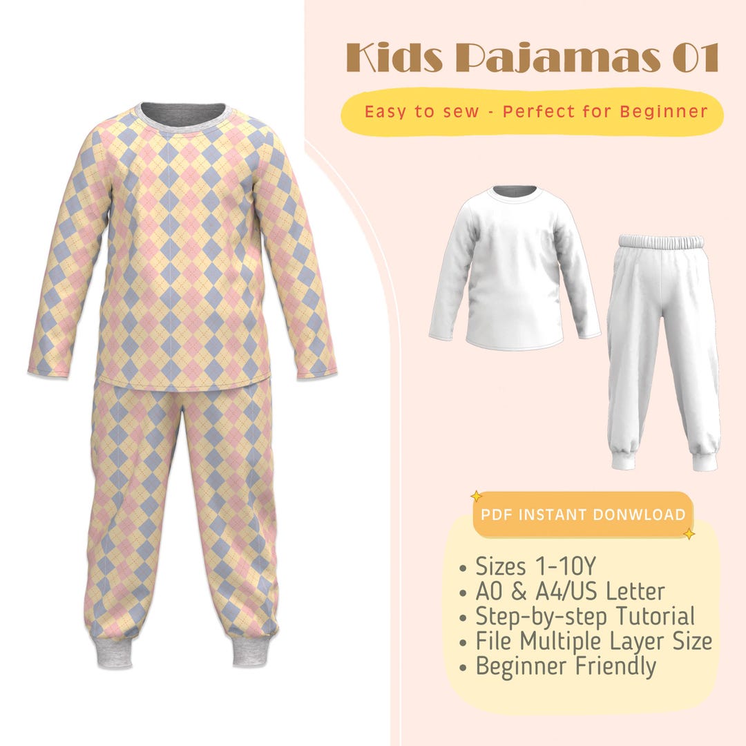 Patterned Pyjamas Kids Kids Pajamas Sewing Pattern, Sizes 1-10y, Children Sleepwear, Beginner ...