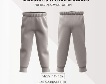 May include: A digital sewing pattern for basic sweatpants. The pattern includes sizes 1Y-10Y and comes in A0 and A4/US letter sizes. It also includes a tutorial and file layers.